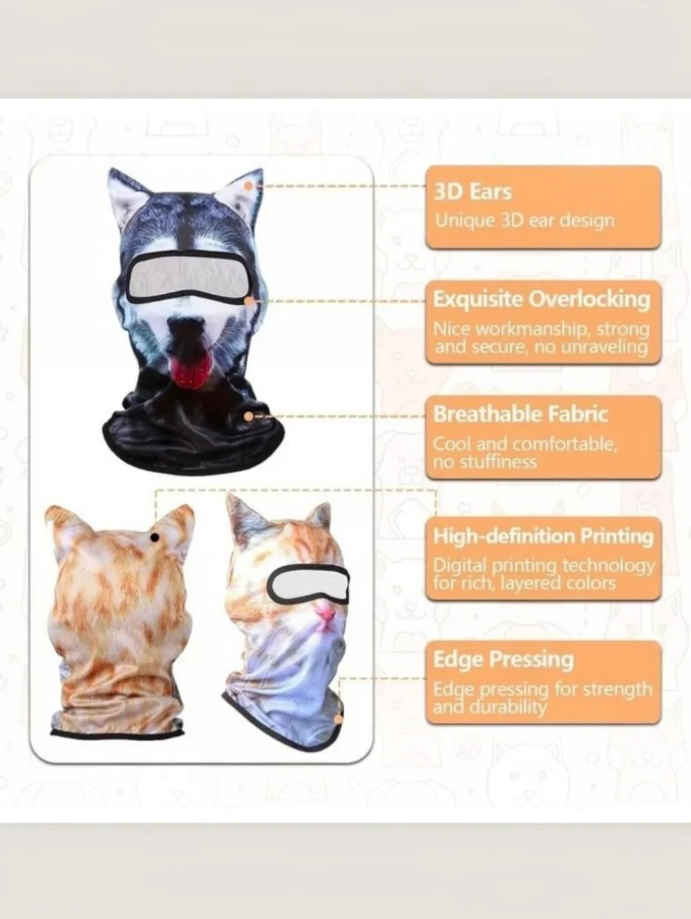 Cat Face Balaclava Mask in Orange and White - Novelty Face Mask